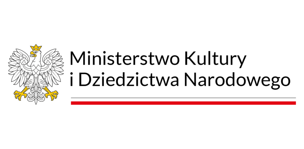 Logo z orłem w koronie i napis: Ministerstwo Kultury i Dziedzictwa Narodowego. Poniżej znajduje się biało-czerwona flaga Polski.